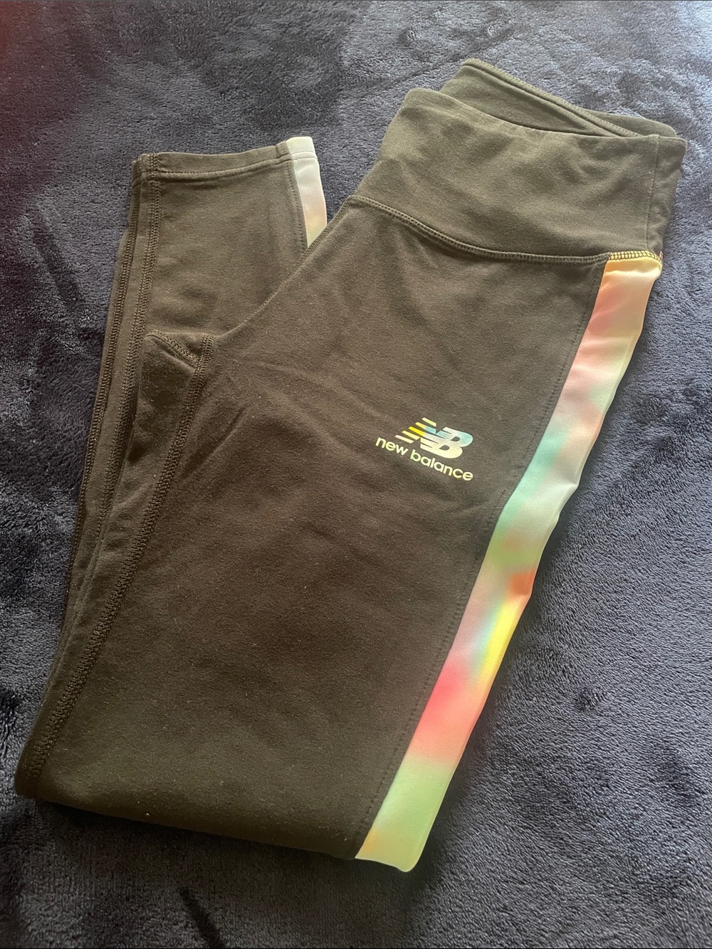 New Balance Black Leggings with Iridescent Rainbow Side Stripe